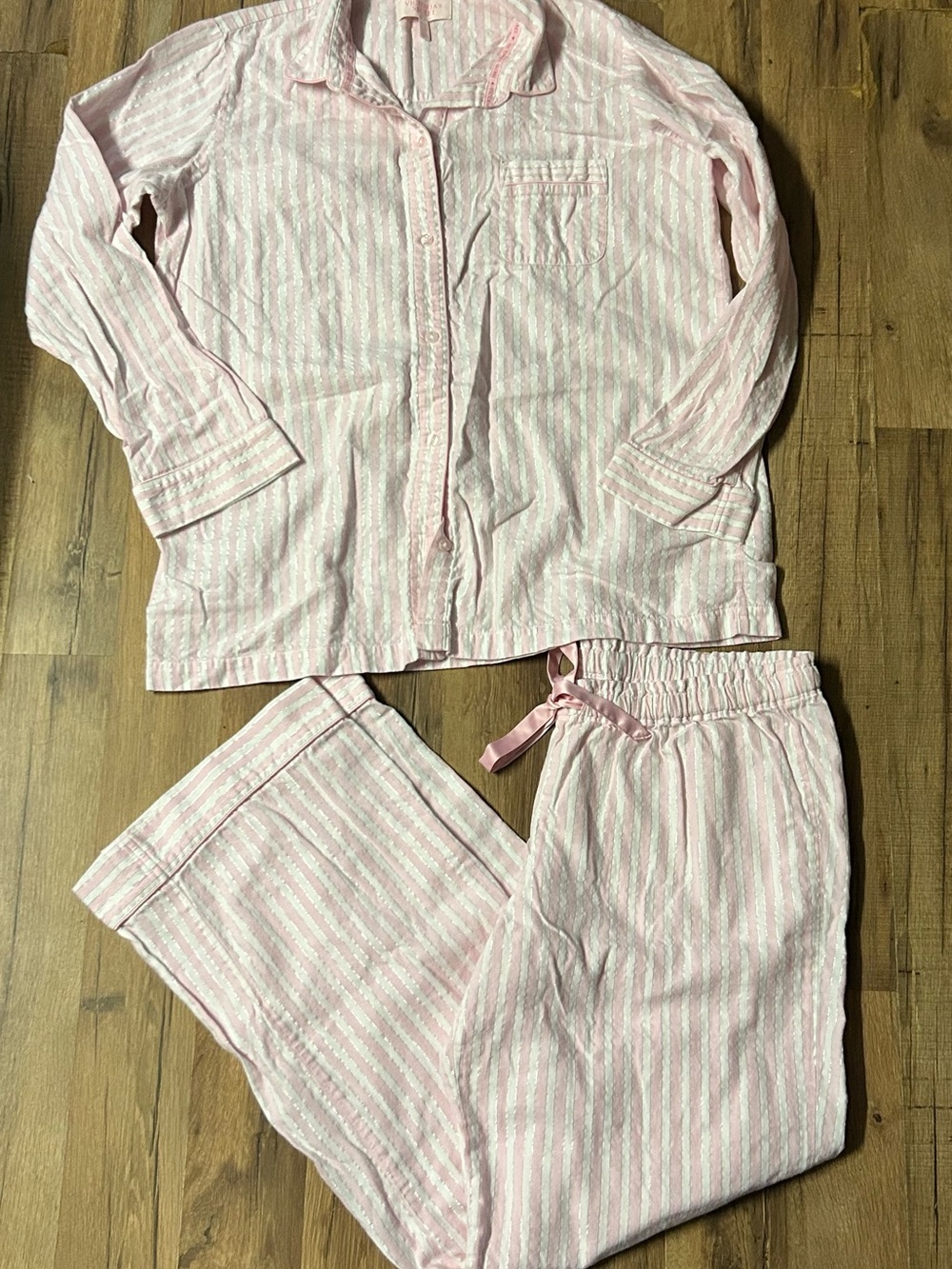 Victoria's Secret Striped Pajamas Set Large Pink/White/Shimmering Silver